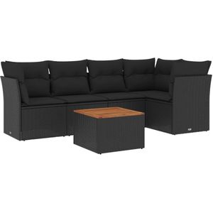 vidaXL 6-delige Loungeset met kussens poly rattan zwart