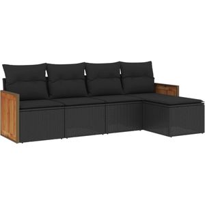 vidaXL 5-delige Loungeset met kussens poly rattan zwart