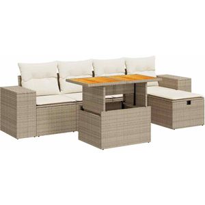 vidaXL 6-delige Loungeset met kussens poly rattan acacia beige