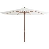 <p>Deze praktische parasol is de perfecte keuze om wat schaduw te creëren en jezelf te beschermen tegen de schadelijke uv-straling van de zon. Het parasoldoek is gemaakt van uv-beschermend en anti-vervagend polyester, waardoor het je optimale bescherming tegen de zon biedt en gemakkelijk schoon te maken is.</p>
<p>De paaldiameter van 48 mm maakt het mogelijk om de parasol in een bestaande voet of in het midden van een tafel te plaatsen. De sterke houten paal en baleinen zorgen voor stabiliteit en duurzaamheid.</p>
<p>Deze tuinparasol kan eenvoudig geopend en gesloten worden dankzij het dubbele katrolsysteem. Het product is ook eenvoudig te monteren.</p>
<p>Let op, wij adviseren om het doek te behandelen met een waterdichtmakende spray als het wordt blootgesteld aan zware regenval.</p>
<ul>
  <li>Kleur doek: zandwit</li>
  <li>Materiaal frame: gelamineerd bamboe en hardhout</li>
  <li>Materiaal hoes: stof</li>
  <li>Totale afmetingen: 350 x 256 cm (ø x H)</li>
  <li>Diameter buis: 48 mm</li>
  <li>Met luchtventilatie en dubbel katrolsysteem</li>
  <li>Materiaal: Polyester: 100%</li>
</ul>