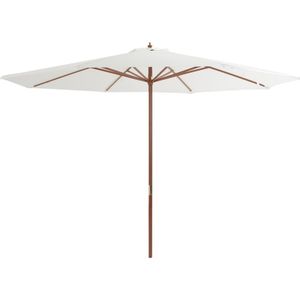 <p>Deze praktische parasol is de perfecte keuze om wat schaduw te creëren en jezelf te beschermen tegen de schadelijke uv-straling van de zon. Het parasoldoek is gemaakt van uv-beschermend en anti-vervagend polyester, waardoor het je optimale bescherming tegen de zon biedt en gemakkelijk schoon te maken is.</p>
<p>De paaldiameter van 48 mm maakt het mogelijk om de parasol in een bestaande voet of in het midden van een tafel te plaatsen. De sterke houten paal en baleinen zorgen voor stabiliteit en duurzaamheid.</p>
<p>Deze tuinparasol kan eenvoudig geopend en gesloten worden dankzij het dubbele katrolsysteem. Het product is ook eenvoudig te monteren.</p>
<p>Let op, wij adviseren om het doek te behandelen met een waterdichtmakende spray als het wordt blootgesteld aan zware regenval.</p>
<ul>
  <li>Kleur doek: zandwit</li>
  <li>Materiaal frame: gelamineerd bamboe en hardhout</li>
  <li>Materiaal hoes: stof</li>
  <li>Totale afmetingen: 350 x 256 cm (ø x H)</li>
  <li>Diameter buis: 48 mm</li>
  <li>Met luchtventilatie en dubbel katrolsysteem</li>
  <li>Materiaal: Polyester: 100%</li>
</ul>