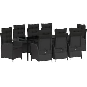 vidaXL 9-delige Tuin Eettafel Set met Kussens - Zwart Poly Rattan