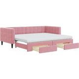 vidaXL Slaapbank met onderschuifbed en lades 90x200 cm fluweel roze
