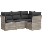 vidaXL 4-delige Loungeset met kussens poly rattan lichtgrijs