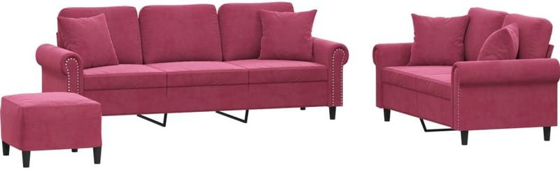 vidaXL 3-delige Loungeset met kussens fluweel wijnrood