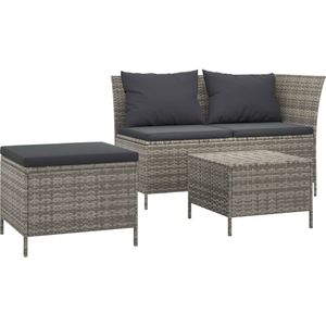 vidaXL 3-delige Loungeset met kussens poly rattan grijs