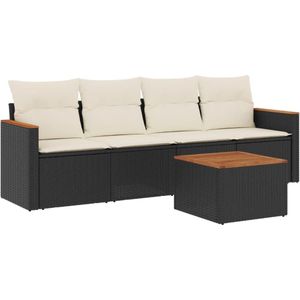 vidaXL 5-delige Loungeset met kussens poly rattan zwart