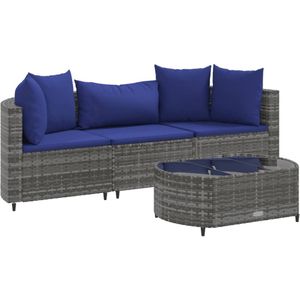 vidaXL 4-delige Loungeset met kussens poly rattan grijs