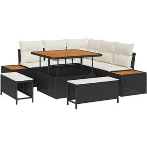 vidaXL 8-delige Ligbed Set met Kussens Zwart Poly Riet Acacia
