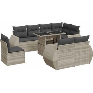 vidaXL 9-delige Loungeset met kussens poly rattan lichtgrijs