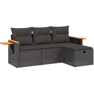 vidaXL 4-delige Loungeset met kussens poly rattan zwart