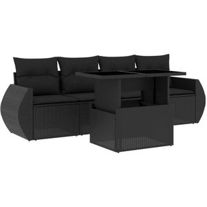 vidaXL 5-delige Loungeset met kussens poly rattan zwart