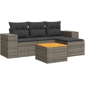 vidaXL 5-delige Loungeset met kussens poly rattan grijs