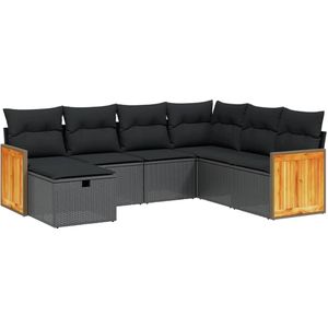vidaXL - 7-delige - Loungeset - met - kussens - poly - rattan - zwart