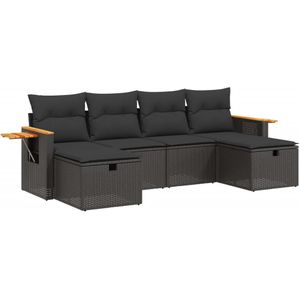 vidaXL 6-delige Loungeset met kussens poly rattan zwart