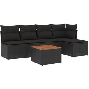 vidaXL 6-delige Loungeset met kussens poly rattan zwart