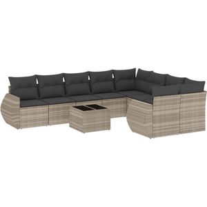 vidaXL - 10-delige - Loungeset - met - kussens - poly - rattan - lichtgrijs