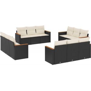 vidaXL 12-delige Loungeset met kussens poly rattan zwart