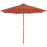 <p>Deze elegante houten parasol is perfect om schaduw te creëren en jezelf te beschermen tegen schadelijke uv-straling. Het parasoldoek is gemaakt van uv-beschermend en anti-vervagend polyester, waardoor het optimale bescherming biedt en gemakkelijk schoon te maken is.</p>
<p>Met een paaldiameter van 48 mm kan de parasol in een bestaande voet of in het midden van een tafel worden geplaatst. De sterke houten paal en de 8 duurzame baleinen zorgen voor stabiliteit en duurzaamheid.</p>
<p>Deze tuinparasol kan eenvoudig geopend en gesloten worden dankzij het zwengelmechanisme. Het product is ook eenvoudig te monteren.</p>
<p>Let op, wij adviseren om het doek te behandelen met een waterdichtmakende spray als het wordt blootgesteld aan zware regenval.</p>
<ul>
  <li>Kleur doek: terracotta</li>
  <li>Materiaal frame: gelamineerd bamboe en hardhout</li>
  <li>Materiaal hoes: stof</li>
  <li>Totale afmetingen: 300 x 250 cm (ø x H)</li>
  <li>Diameter buis: 48 mm</li>
  <li>Met luchtventilatie en zwengelsysteem</li>
  <li>Met 8 baleinen</li>
  <li>Materiaal: Polyester: 100%</li>
</ul>