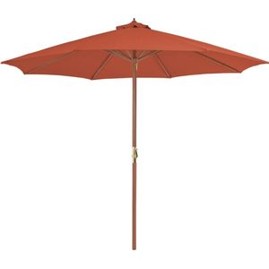 <p>Deze elegante houten parasol is perfect om schaduw te creëren en jezelf te beschermen tegen schadelijke uv-straling. Het parasoldoek is gemaakt van uv-beschermend en anti-vervagend polyester, waardoor het optimale bescherming biedt en gemakkelijk schoon te maken is.</p>
<p>Met een paaldiameter van 48 mm kan de parasol in een bestaande voet of in het midden van een tafel worden geplaatst. De sterke houten paal en de 8 duurzame baleinen zorgen voor stabiliteit en duurzaamheid.</p>
<p>Deze tuinparasol kan eenvoudig geopend en gesloten worden dankzij het zwengelmechanisme. Het product is ook eenvoudig te monteren.</p>
<p>Let op, wij adviseren om het doek te behandelen met een waterdichtmakende spray als het wordt blootgesteld aan zware regenval.</p>
<ul>
  <li>Kleur doek: terracotta</li>
  <li>Materiaal frame: gelamineerd bamboe en hardhout</li>
  <li>Materiaal hoes: stof</li>
  <li>Totale afmetingen: 300 x 250 cm (ø x H)</li>
  <li>Diameter buis: 48 mm</li>
  <li>Met luchtventilatie en zwengelsysteem</li>
  <li>Met 8 baleinen</li>
  <li>Materiaal: Polyester: 100%</li>
</ul>