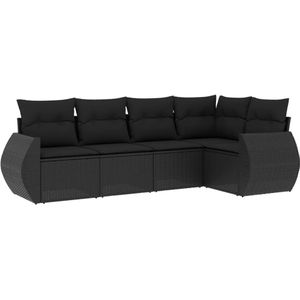 vidaXL 5-delige Loungeset met kussens poly rattan zwart