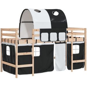 vidaXL Kinderhoogslaper met tunnel 90x190 cm grenenhout wit en zwart