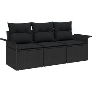 vidaXL 3-delige tuinset met kussens - Zwart poly rattan