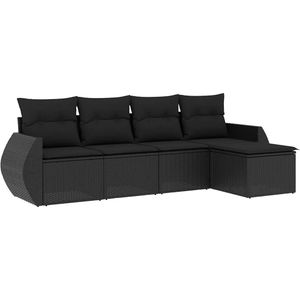 vidaXL - 5-delige - Loungeset - met - kussens - poly - rattan - zwart