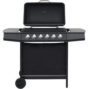 <p>Deze BBQ is perfect voor een tuinfeest met familie en vrienden. Met 6 grote kookzones en een stijlvol ontwerp wordt je achtertuin in een handomdraai een keuken. De gasbarbecue heeft een robuuste kap met een ingebouwde thermometer voor nauwkeurige kooktemperaturen. Daarnaast bieden de twee zijpanelen extra ruimte voor sauzen en bijgerechten. De afneembare vetopvangbak maakt het schoonmaken gemakkelijk. De grill is gemaakt van sterke materialen en de kast aan de onderkant biedt veel opbergruimte. Met de stevige wielen is de grill eenvoudig te verplaatsen. Let op: een gasslang en drukregelaar zijn vereist om de barbecue op de gasfles aan te sluiten, deze zijn niet inbegrepen.</p>
<ul>
  <li>Kleur: zwart</li>
  <li>Materiaal: gepoedercoat staal</li>
  <li>Totale afmetingen: 112 x 54 x 98 cm (B x D x H)</li>
  <li>Totaal vermogen van de 6 kookzones: 12 kW (40.945 BTU)</li>
  <li>Afmetingen grill: 63,5 x 37,5 cm (L x B)</li>
  <li>Hoogte kookoppervlak vanaf de grond: 82 cm</li>
  <li>Gastype: LPG</li>
  <li>Elektronische ontsteking</li>
  <li>Met een geïntegreerde thermometer</li>
  <li>Inclusief opwarmrek</li>
  <li>Stevige zwenkwielen voor meer mobiliteit</li>
</ul>
<p>PAS OP: plaats NOOIT gasflessen in de opbergkast of onder de BBQ.</p>