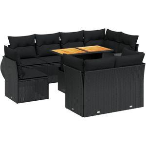 vidaXL 9-delige Loungeset met kussens poly rattan zwart