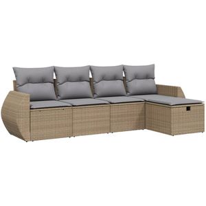 vidaXL - 5-delige - Loungeset - met - kussens - poly - rattan - gemengd - beige