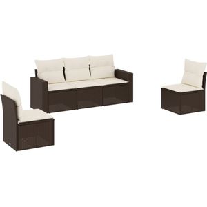 vidaXL 5-delige Loungeset met kussens poly rattan bruin