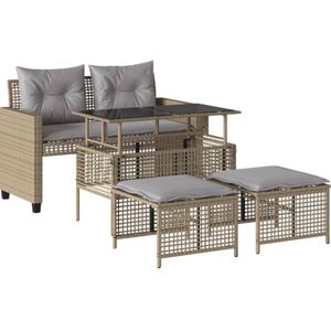 vidaXL 4-delige Loungeset met kussens poly rattan en glas beige