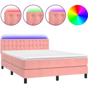 vidaXL Boxspring met matras en LED fluweel roze 140x200 cm