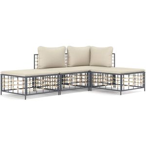 vidaXL 4-delige Loungeset met kussens poly rattan antracietkleurig