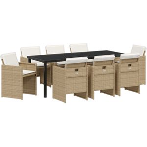 vidaXL 9-delige Tuin Eettafelset met Kussens in Beige Poly Rattan