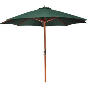 <p>Deze elegante tuinparasol is perfect voor het creëren van schaduw op je terras of in je tuin, zodat je optimaal kunt genieten van de zomer. Het frame van de parasol is gemaakt van hardhout en is voorzien van een veiligheidspin om de parasol veilig in de open positie te houden. Met behulp van de handslinger kun je de parasol eenvoudig openen.</p>
<p>Het doek van de parasol is gemaakt van duurzaam polyester, wat zorgt voor een lange levensduur. De kleur van het doek is groen en de diameter van de parasol is 3 meter. De hoogte van de parasol is ongeveer 258 cm. Het hardhout heeft een dikte van 48 mm.</p>
<p>Specificaties:</p>
<ul>
  <li>Kleur doek: groen</li>
  <li>Diameter: 3 m</li>
  <li>Hoogte: ongeveer 258 cm</li>
  <li>Materiaal: polyester 160 g/m²</li>
  <li>Dikte hardhout: 48 mm</li>
  <li>Materiaal: Polyester: 100%</li>
</ul>