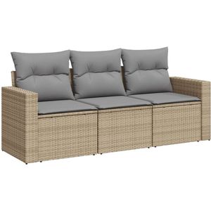 vidaXL 3-delige Loungeset met kussens poly rattan beige