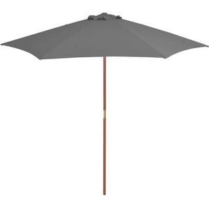 <p>Deze elegante houten parasol biedt de perfecte schaduw en bescherming tegen schadelijke uv-straling. Het parasoldoek is gemaakt van uv-beschermend en anti-vervagend polyester, waardoor het optimale zonbescherming biedt en gemakkelijk schoon te maken is.</p>
<p>Met een paaldiameter van 38 mm kan de parasol in een bestaande voet of in het midden van een tafel worden geplaatst. De sterke houten paal en de 6 duurzame baleinen zorgen voor stabiliteit en duurzaamheid.</p>
<p>Openen en sluiten van de tuinparasol is eenvoudig dankzij het katrolsysteem. Het product is ook gemakkelijk te monteren.</p>
<p>Let op: wij adviseren om het doek te behandelen met een waterdichtmakende spray bij zware regenval.</p>
<ul>
  <li>Kleur doek: antraciet</li>
  <li>Materiaal frame: gelamineerd bamboe en hardhout</li>
  <li>Materiaal hoes: stof</li>
  <li>Totale afmetingen: 270 x 244 cm (ø x H)</li>
  <li>Diameter paal: 38 mm</li>
  <li>Met ventilatiegat</li>
  <li>Met 6 baleinen</li>
  <li>Beschikt over een enkelvoudig katrolsysteem</li>
  <li>Materiaal: Polyester: 100%</li>
</ul>