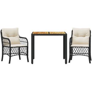 vidaXL 3-delige Bistroset met kussens poly rattan zwart