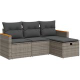 vidaXL 4-delige Loungeset met kussens poly rattan grijs