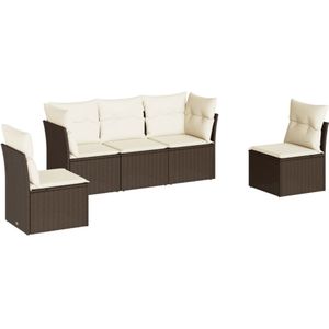 vidaXL 5-delige Loungeset met kussens poly rattan bruin