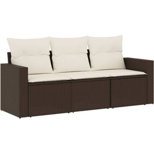 vidaXL 3-delige Loungeset met kussens poly rattan bruin