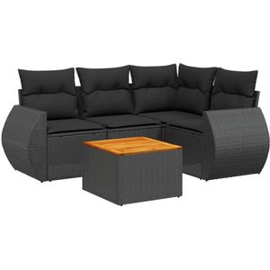 vidaXL 5-delige Loungeset met kussens poly rattan zwart