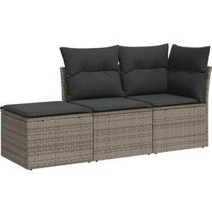 vidaXL 3-delige Loungeset met kussens poly rattan grijs