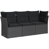 vidaXL 3-delige Loungeset met kussens poly rattan zwart