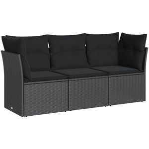 vidaXL 3-delige Loungeset met kussens poly rattan zwart