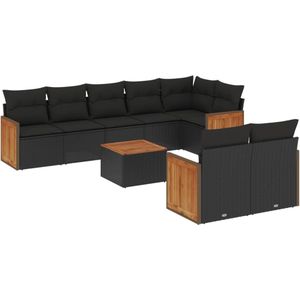 vidaXL 9-delige Loungeset met kussens poly rattan zwart