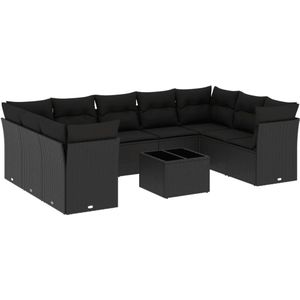 vidaXL 10-delige Loungeset met kussens poly rattan zwart