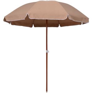 <p>Deze elegante parasol beschermt je tegen schadelijke uv-stralen en biedt perfecte schaduw. Hij is gemaakt van uv-beschermend en anti-vervagend polyester, waardoor hij lang meegaat. De parasolhoes zorgt voor optimale bescherming tegen de zon en is gemakkelijk schoon te maken.</p>
<p>De sterke stalen paal met houtkleurige coating en 8 baleinen maken de parasol stabiel en duurzaam. Je kunt erop vertrouwen dat hij stevig blijft staan, zelfs op winderige dagen.</p>
<p>Let op, wij adviseren om het parasoldoek te behandelen met een waterdichtmakende spray als hij wordt blootgesteld aan zware regenval. Zo blijft de parasol in topconditie en kun je er langer van genieten.</p>
<ul>
  <li>Kleur: taupe</li>
  <li>Materiaal: stof (100% polyester) en staal</li>
  <li>Totale afmetingen: 210 x 230 cm (ø x H)</li>
  <li>Booglengte: 240 cm</li>
  <li>Diameter paal: 32/32 mm</li>
  <li>Uv-beschermend en waterbestendig</li>
</ul>